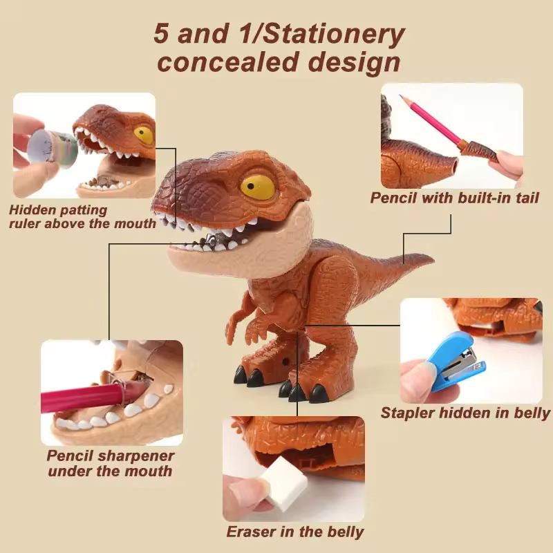 MrBonch | 5 In 1 Dinosaur School Supplies | Pencil Eraser Sharpener Ruler Stapler Set | Stationery