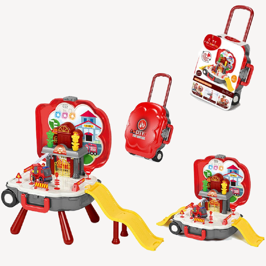 [SG] Mr Bonch 3 In 1 Firefighter Playset with slide Suitcase | Includes Figurines Fire Truck & Batteries