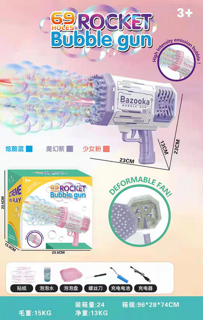 Whats in the box - Bubble gun, 1 bottle bubble solution, 1 rechargeable battery, 1 battery charger, 1 bubble solution tray & 1 sticker
