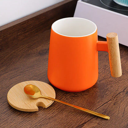 Vintage Nordic Design Ceramic Coffee Mug with Lid Wooden