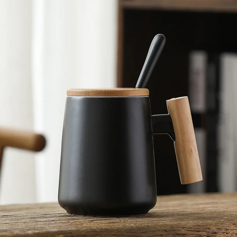 Vintage Nordic Design Ceramic Coffee Mug with Lid Wooden