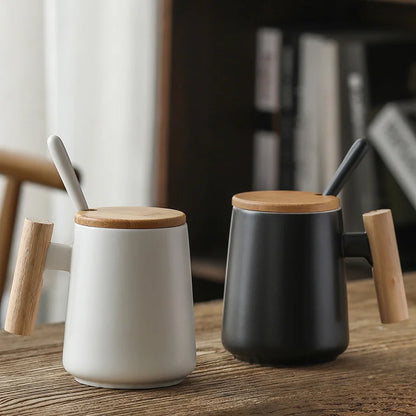 Vintage Nordic Design Ceramic Coffee Mug with Lid Wooden