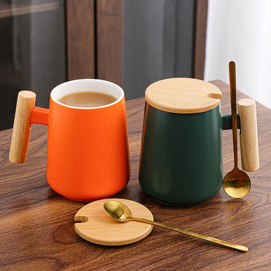 Vintage Nordic Design Ceramic Coffee Mug with Lid Wooden