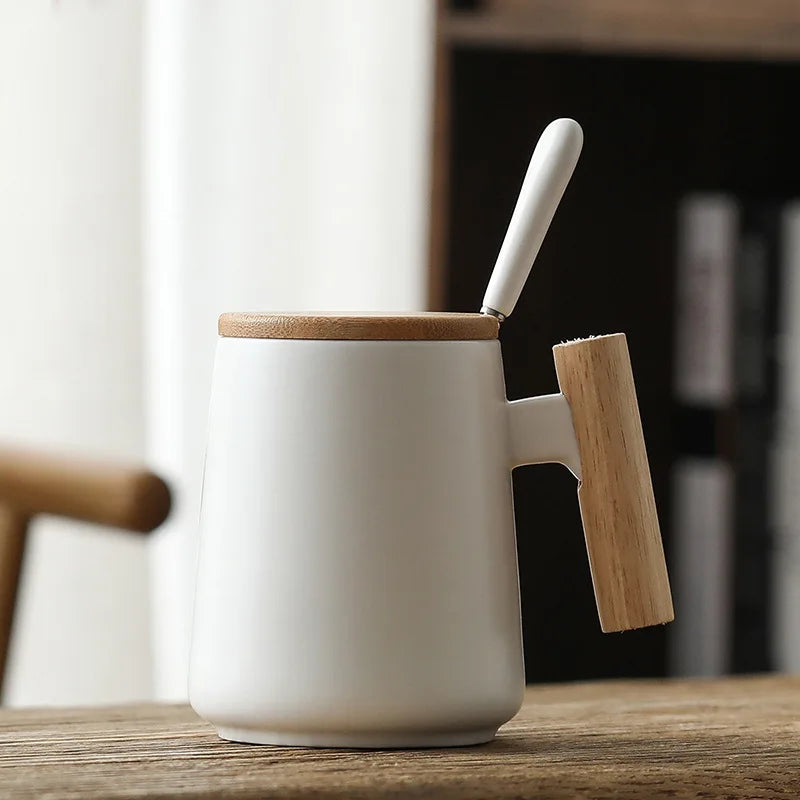 Vintage Nordic Design Ceramic Coffee Mug with Lid Wooden