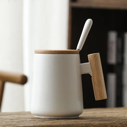 Vintage Nordic Design Ceramic Coffee Mug with Lid Wooden