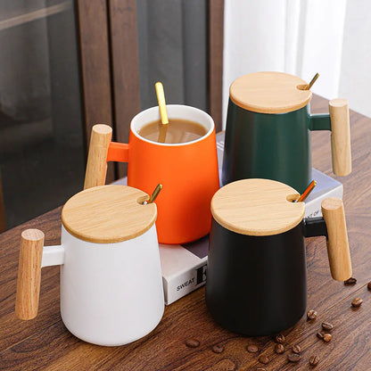 Vintage Nordic Design Ceramic Coffee Mug with Lid Wooden