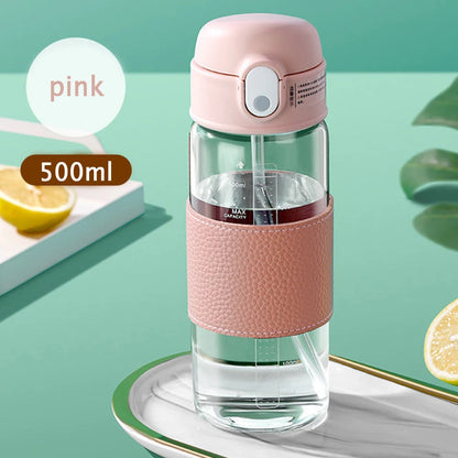 Portable Straw Glass Cup With Scale High Capacity Water Bottle